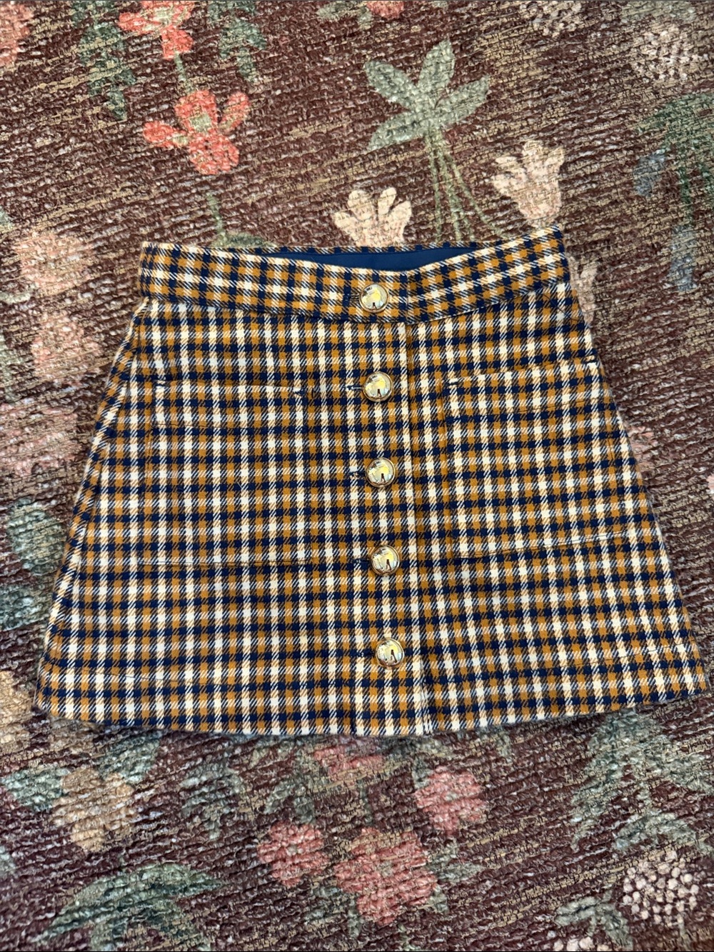 Crewcuts Navy and Mustard Plaid Button-Front A-Line Skirt